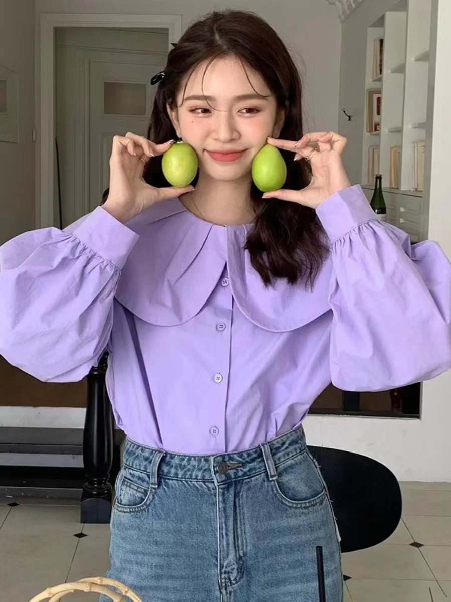 الفرنسية الأرجواني قميص بيتر بان Collarlace فانوس كم قمصان النساء ربيع الخريف طويلة الأكمام بلوزة الإناث واحدة الصدر