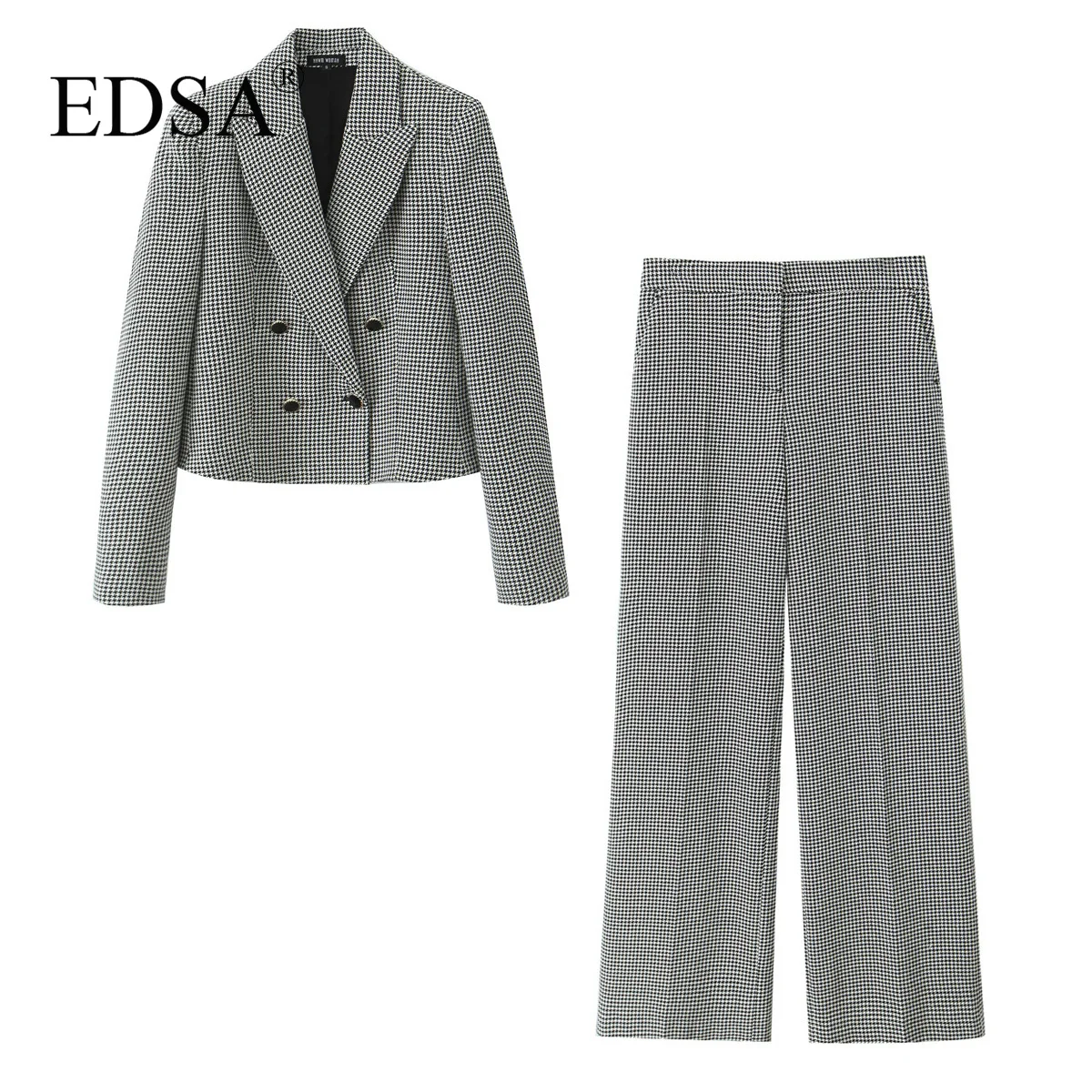 EDSA Damskie spodnie w kratę 2-częściowy zestaw do biura Lady Cropped Bouble Breasted Blazer Jacket & High Waist Straight Long Pants Suits