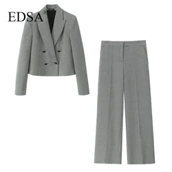 EDSA Damskie spodnie w kratę 2-częściowy zestaw do biura Lady Cropped Bouble Breasted Blazer Jacket & High Waist Straight Long Pants Suits