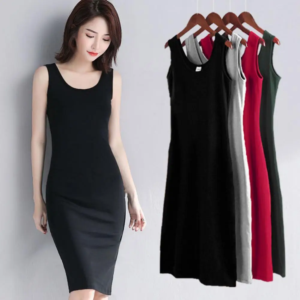 Summer Women Dress Sleeveless  Solid Color Simple Bodycon Dress