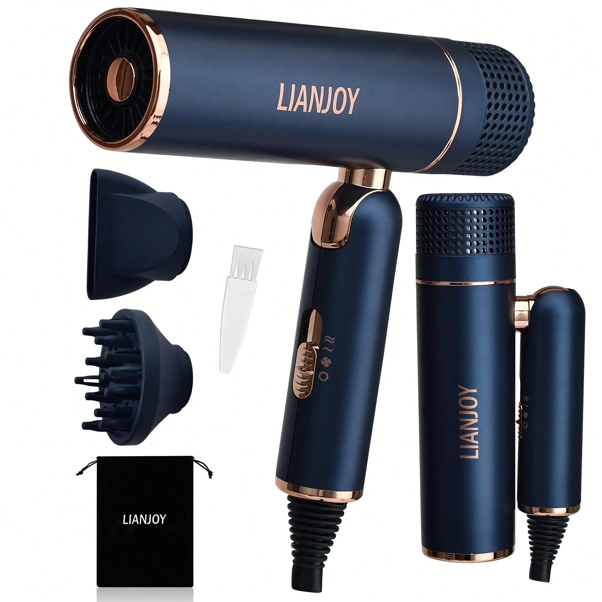 LIANJOY Foldable Fast Drying Hair Dryer With Diffuser, 1600W Professional Ionic Blow Dryer With Intelligent Constant Temperature For Women, Lightweight, Portable Hairdryer For Travel, Valentine's Day Gift Set For Lover, Girlfriend And Boyfriend