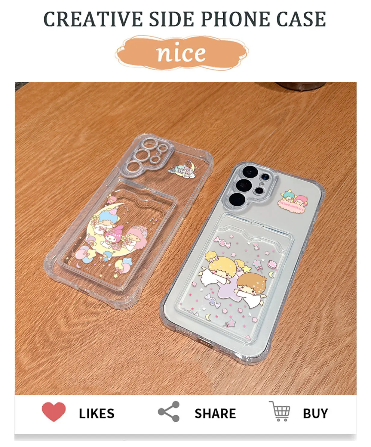 Cute little twin star Card Hold Phone Case For Samsung S24 S23 S22 S21 S20 FE Plus Ultra M33 M53 M54 5G Anti-fall Clear Cover