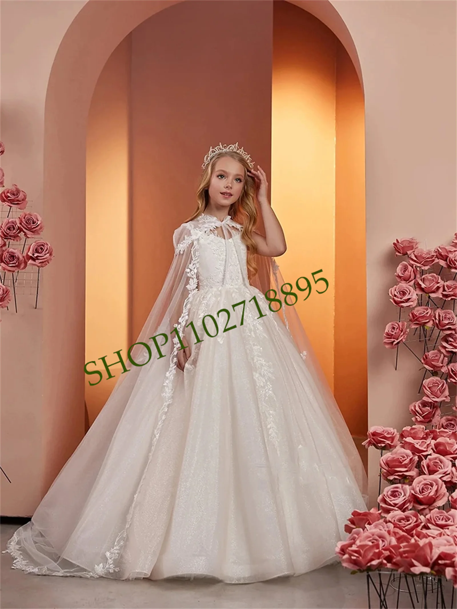 Princesa Lantejoulas Vestido de Baile com Capa, Requintado Primeira Comunhão, Trajes de Baile, Flor, Casamentos