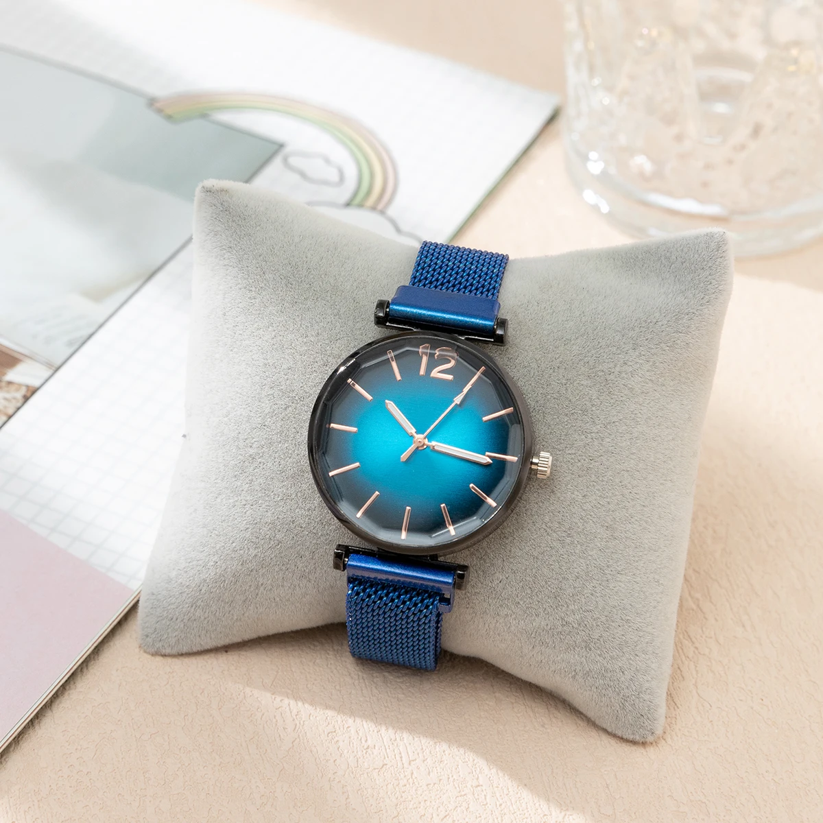 Reloj de moda para mujer Metal Mesh Correa de acero Jewel Azul Reloj de mujer Reloj de cuarzo Reloj de mujer