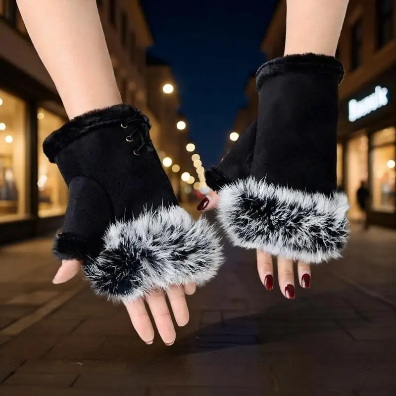 قفازات قطيفة بدون أصابع قفاز شتوي نسائي ناعم دافئ لتدفئة المعصم في الهواء الطلق قفازات سميكة للحماية من البرد