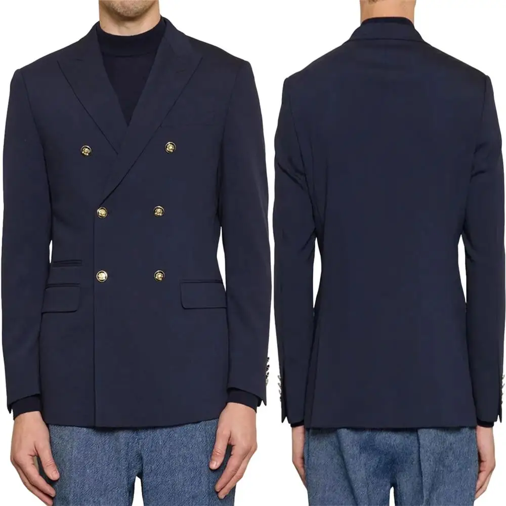 سترة بدلة رجالية كلاسيكية إيطالية سترة مزدوجة الصدر بقصة ضيقة نمط الأعمال والترفيه بدلة رجالية معطف أزرق وأسود للرجال #1