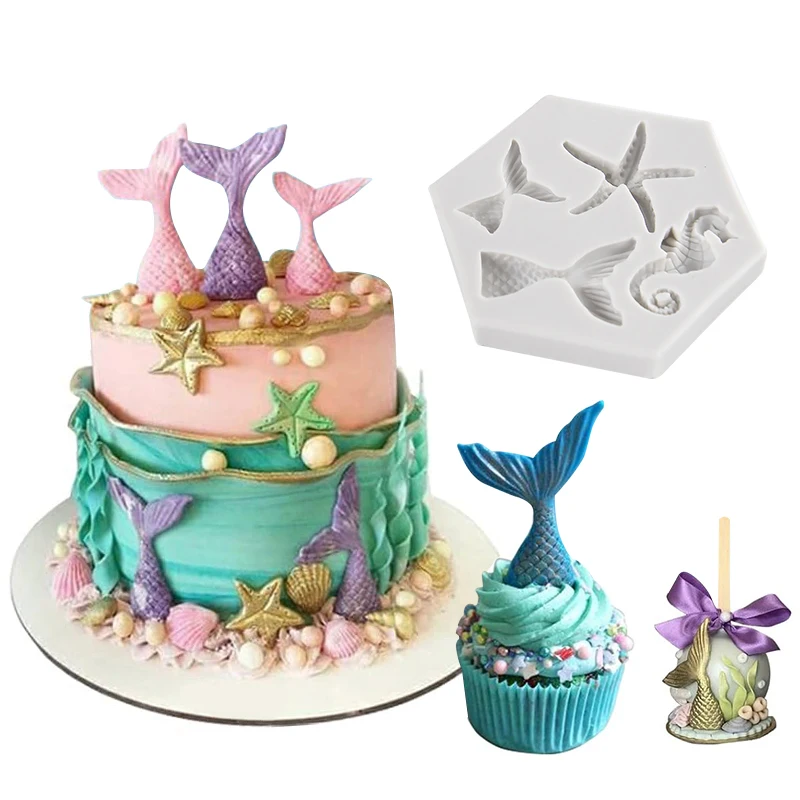 

1pcs Fondant Cake Tool Mermaid Tail Silicone Mold Starfish Seahorse Ocean Series Theme Party Baby Shower Birthday Party Supplies