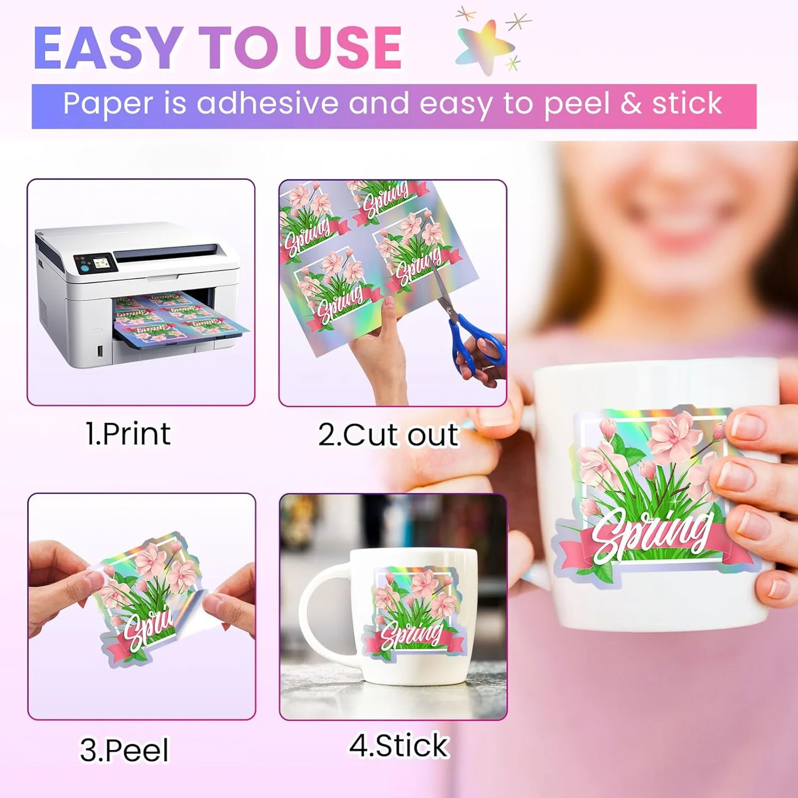 A4 Size 20Pcs Printable Holographic Vinyl Stickers Paper, 4 Mixed Styles Water-Resistant Vinyl Stickers for Inkjet Printing