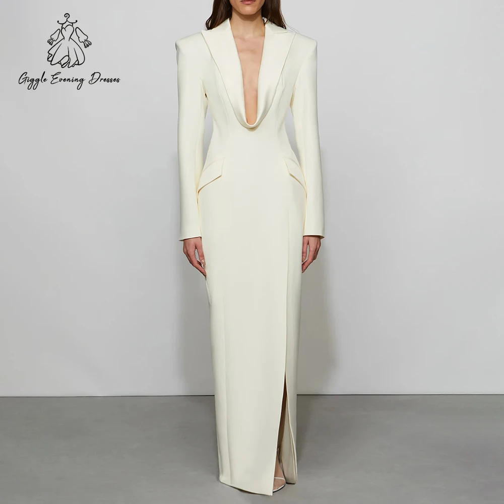 

Giggle Women's Slim Ivory Long Evening Party Dress Designer High Waist Slit 1 Piece Long Blazer Formal Party Dresses Customized