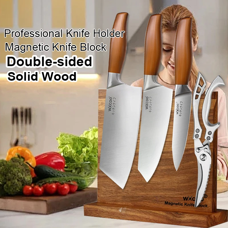 

Multifunctional Magnetic Knife Holder Kitchen Knife Solid Wood Magnetic Knife Block Double Side Knife Storage Rack Cooking Tools