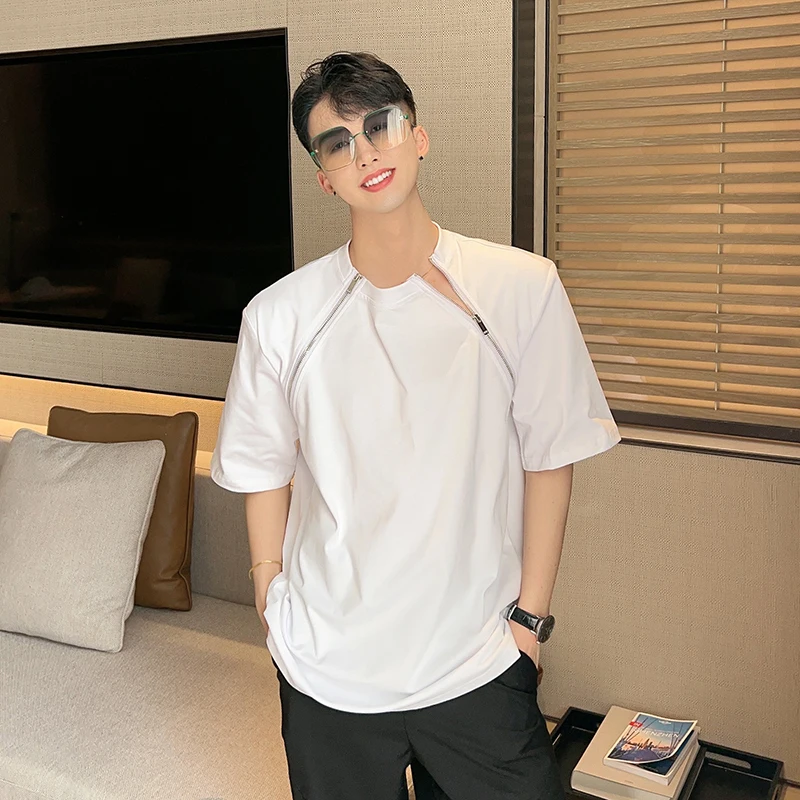 

Summer Men O Neck Short Sleeve Sweatshirt Metal Double Zipper Design Korean Fashion Simple Loose T Shirts Black White Streetwear