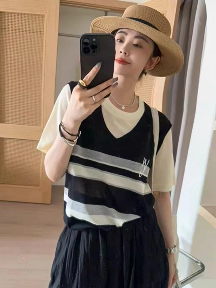 

Корейский модный женский топ с цветными полосками, имитация двухслойности, в стиле пэчворк, для повседневной носки