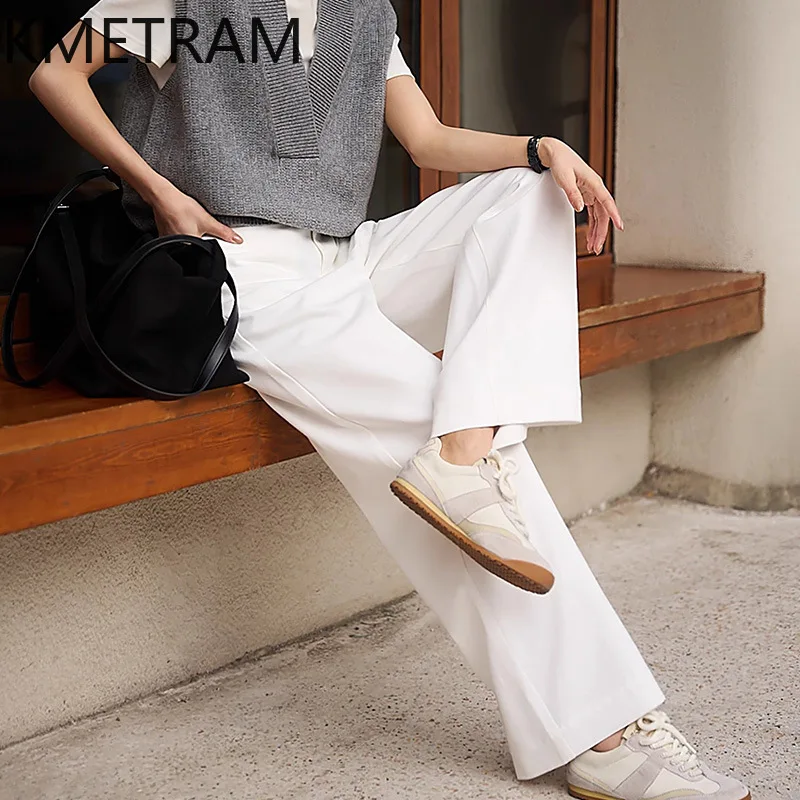KMETRAM 74.7% Cotton 7.5% Linen Blended Pants for Woman Casual Straight Trousers New Spring Pants 2026 Women Clothing pantalones