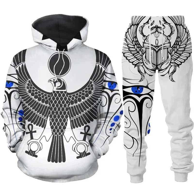 Men Hoodie Sets 3D Print Ancient Horus Egyptian God Eye of Egypt Pharaoh  Casual Loose Men\'s Hoodie+Pants Streetwear Jogging Set