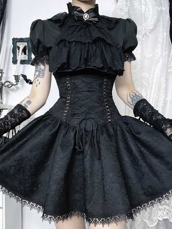 Amerikaanse subcultuur gothic zoete hete meisjessets zwart kant shirts met korte mouwen hoge taille vetersluiting slanke rokken tweedelige set dames