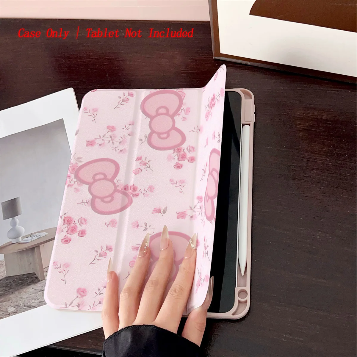 Kawaii Pink Large Bowknot + Pink Blooms Print iPad Cover For Apple iPad 10.2 10.9 Inch Air 3 Pro 11 Mini 6 Shockproof Case