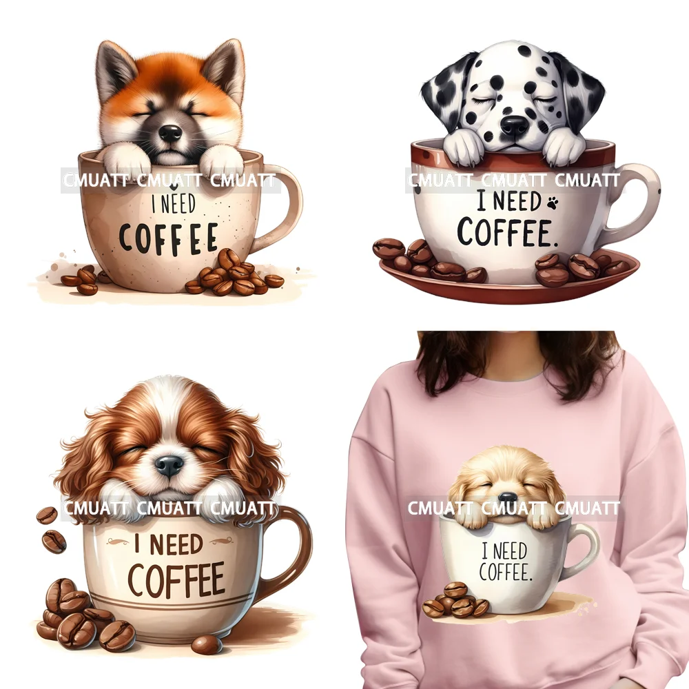 

Милые животные Любитель кофе с надписью I Need Coffee Мультяшные собаки Утюг на DTF Моющиеся переводные наклейки Готовые для нажимаемых футболок