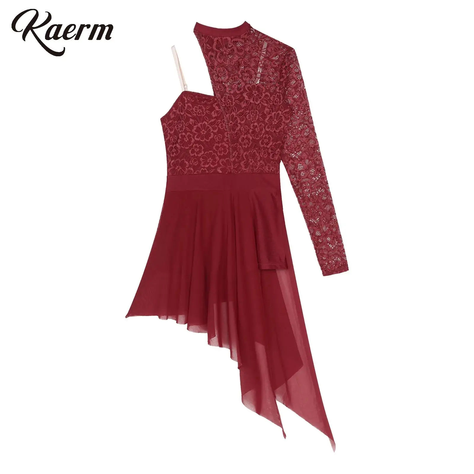 

Womens Ballet Dance Costumes One Shoulder Long Sleeve Leotard Dress Split See-through Sheer Mesh Asymmetric Hem Dance Dresses