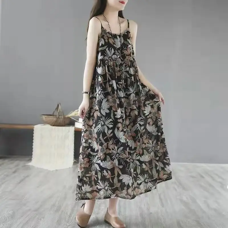 

Women's Summer French Floral Waist Vest Dress High-End: Thin Strap Midi/Maxi Length Sleeveless