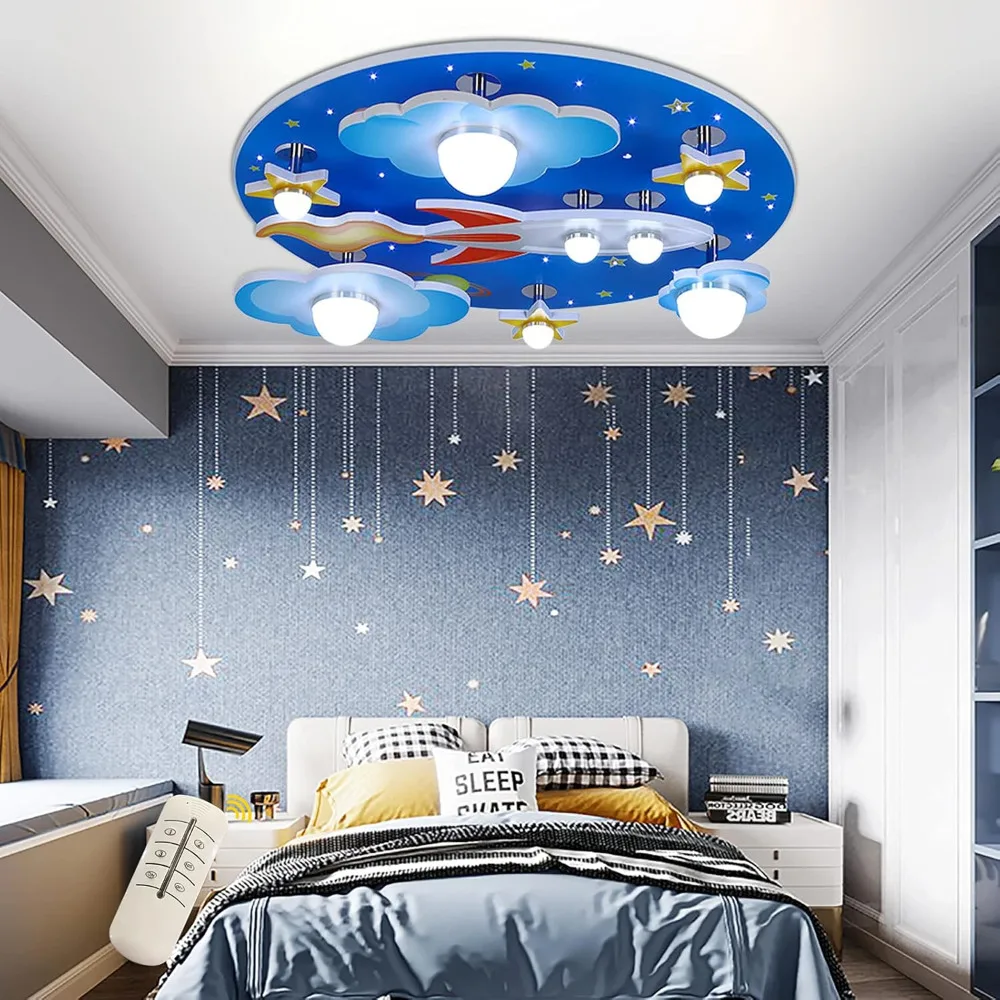 

KidsRoom Creative LED Ceiling Lamp Modern Star Rocket Ceiling Light Adjustable Colour Temperature Blue Cartoon Star Ceiling Lamp