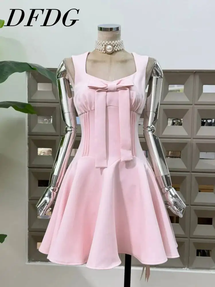 

DFDG Women 2026 Spring Summer Bow Detail Mini Dress Sleeveless Corset Waist Square Neck Flared Skirt Cute Casual Party Dress
