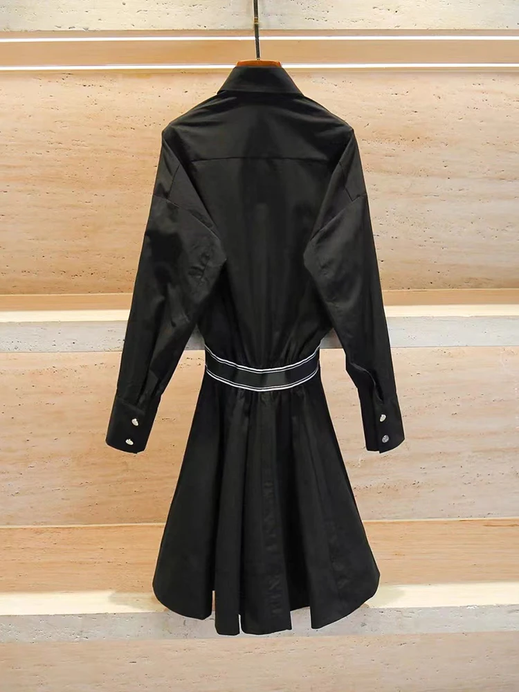 

2024 Early Autumn New Fashion Contrast Color Waistband Shirt Dress Women Elegant Temperament Black Long Sleeve Mini Robe Ladies