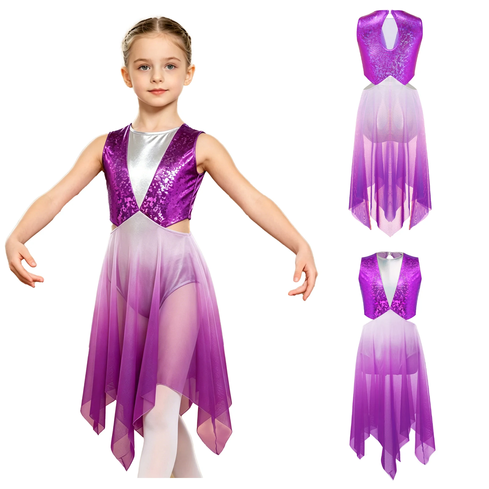 Kids Girls Metallic Shiny Cutout Waist Mesh Modern Lyrical Dance Leotard Dress Praise Worship Church Choir Performance Dresses
