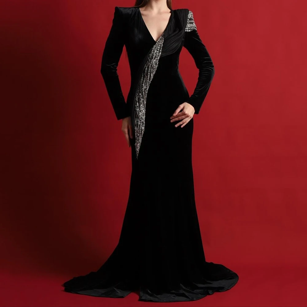 

Вечерние платья русалки по индивидуальному заказу, длиной до пола, с v-образным вырезом и длинными рукавами, платье для выпускного вечера, модное простое драпированное изысканное вечернее платье с блестками