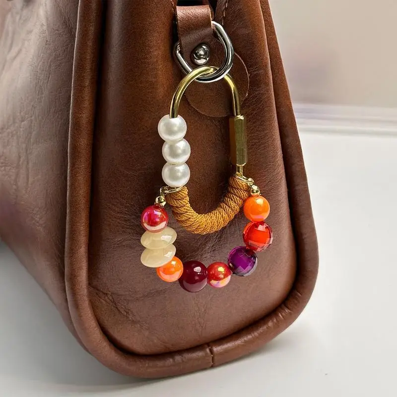 Heart Keychain with Colorful Bead Chain Kawaii Cute Bag Pendant Portable Car Key Ring Decor for Girls Daily Use