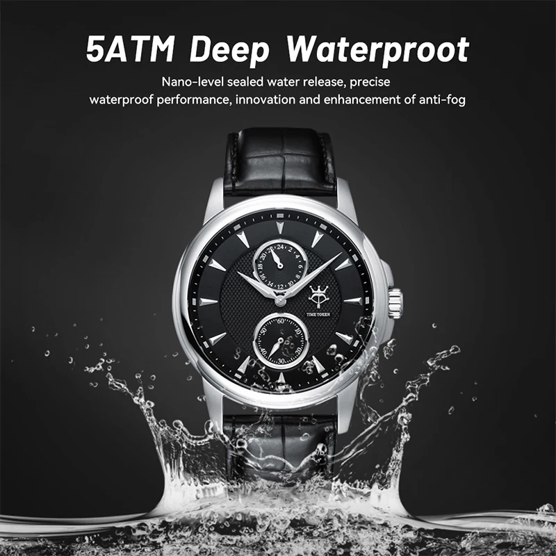 TIME TOKEN Men's Luxury Classic Stylish Ultra-Thin Quartz Watch Sapphire Glass Stainless Steel Case Elegance Leather Strap