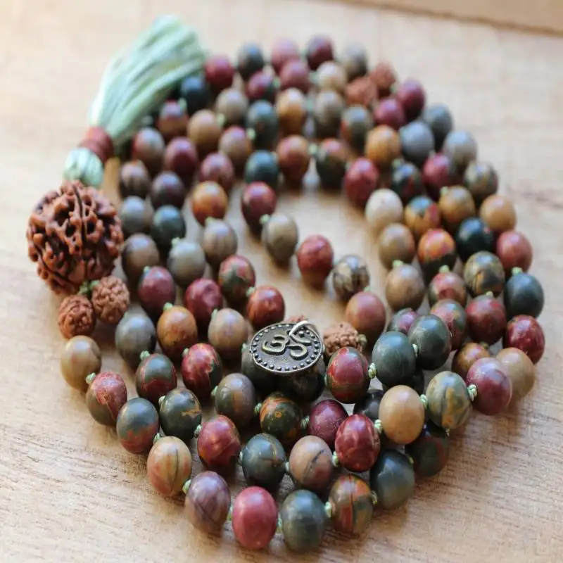 Natural Picasso Jasper 108 Beads Mala Necklace with Rudraksha Pendant & Green Tassel Spiritual Jewelry view 5