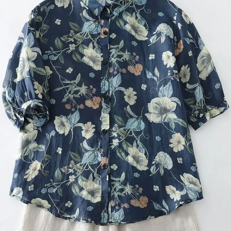 

Women's French Literary Summer Thin Fabric Chinese Floral Print Lapel Half Sleeve Shirt Casual Daily Blouse