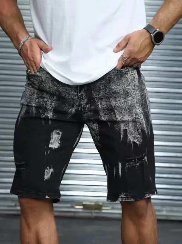 

Men's New Summer Tie-Dye Black and White Heavy-Duty Fashionable Casual Streetwear Shorts (5-Inch Denim Shorts)