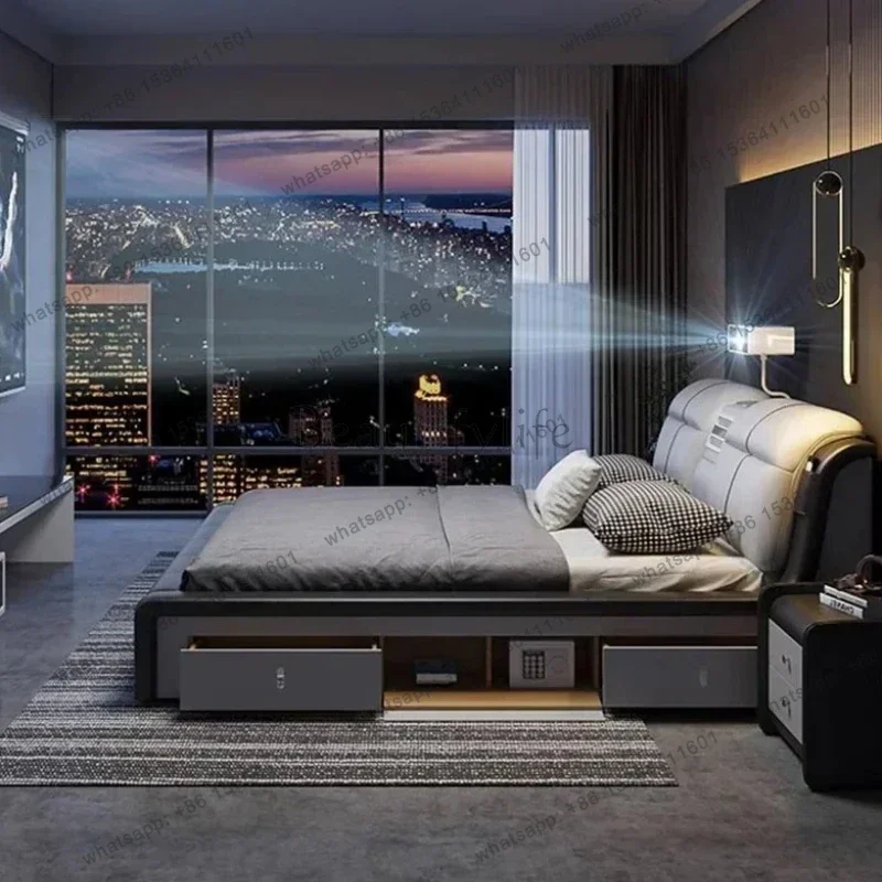 LJY Smart Luxury Modern Double Bed King Size Master Multifunctional Queen Double Bed White Luxury Letto Matrimoniale Room Furnit