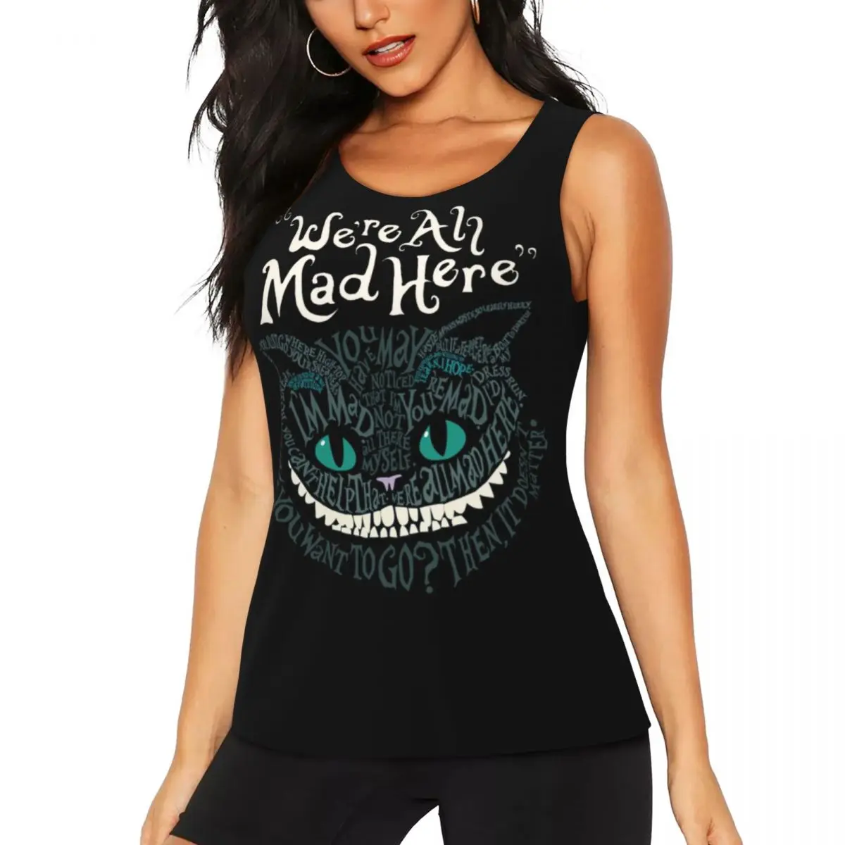 Custom Cheshire Cat Yoga Shirt Women Alice We're All Mad Here Wonderland Gym Workout Running Tank Tops