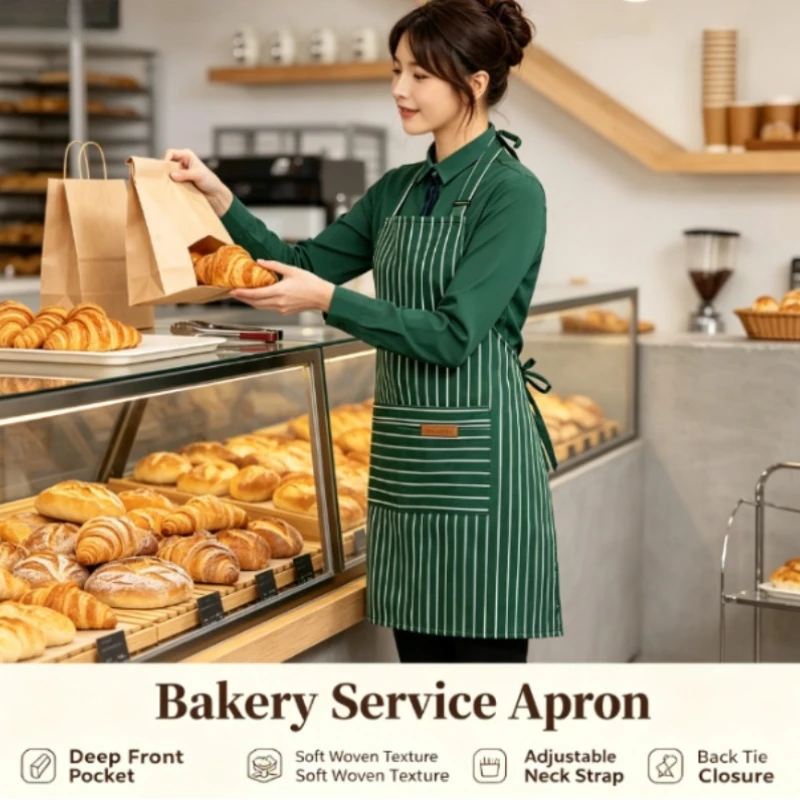 Yarn‑Dyed Striped Kitchen Apron Adjustable Hanging Neck Work Apron Unisex Catering Restaurant Uniform Waist Apron
