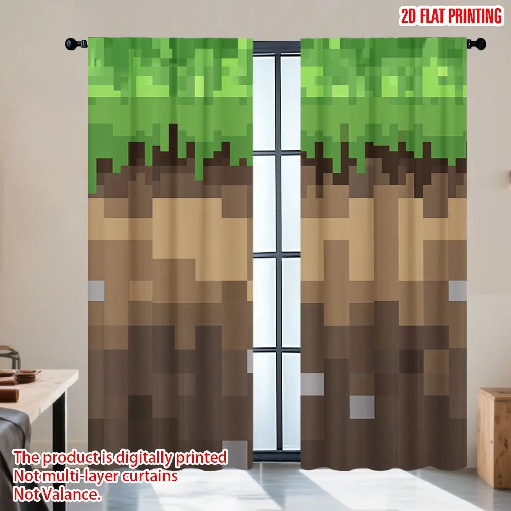 2 Stück Pixel Earth Blocks Vorhänge, Retro-Videospiel-Design, halbtransparentes Polyester für Gamer-Raumdekoration