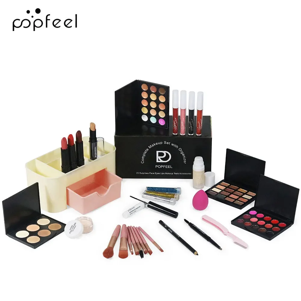 Bestseller Popfeel Makeup Kit Komplettset All-in-One Augenbrauen Eyeliner Lippenstift Mascara Kontur Puderpinsel Luxe Sets Geschenke Frauen