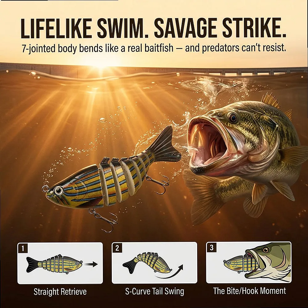 Slow Sinking Swimbait 7 Segments Jointed Hard Lure 3/5/10 Pack Wobbler with Rattle 3D Eyes for Snook Tarpon in Saltwater