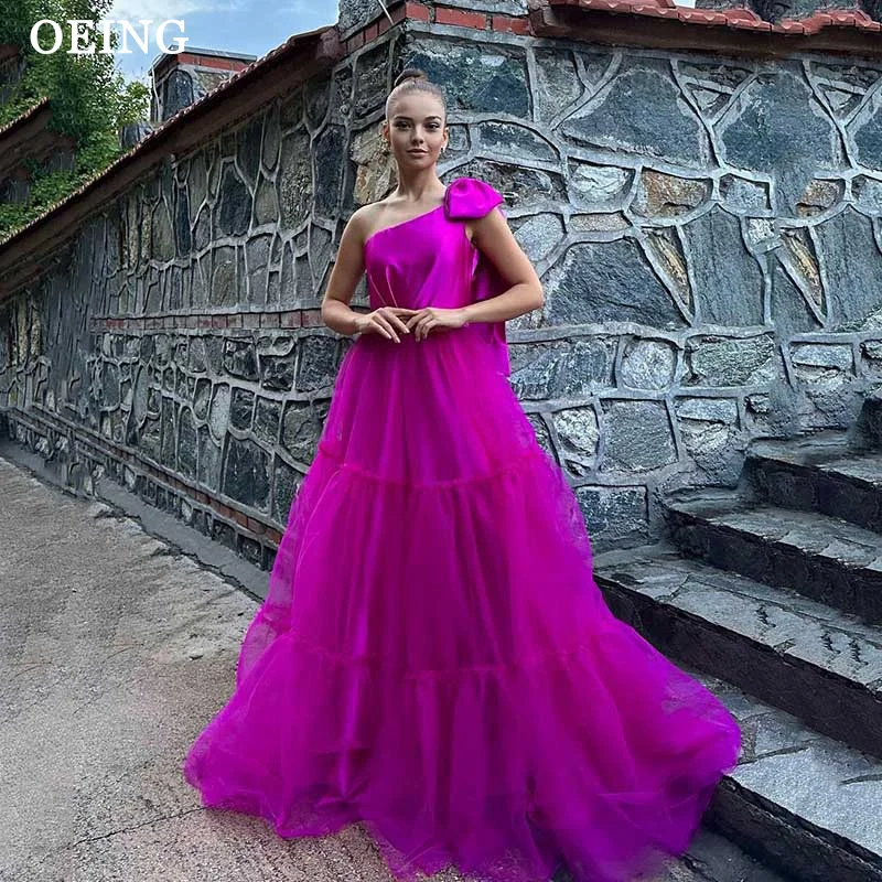 OEING Fuchsia Tiered Evening Dresses Bow Spaghetti Strap Prom Gowns Floor Length Vestidos De Fiesta For Foamal Party Dress 2024