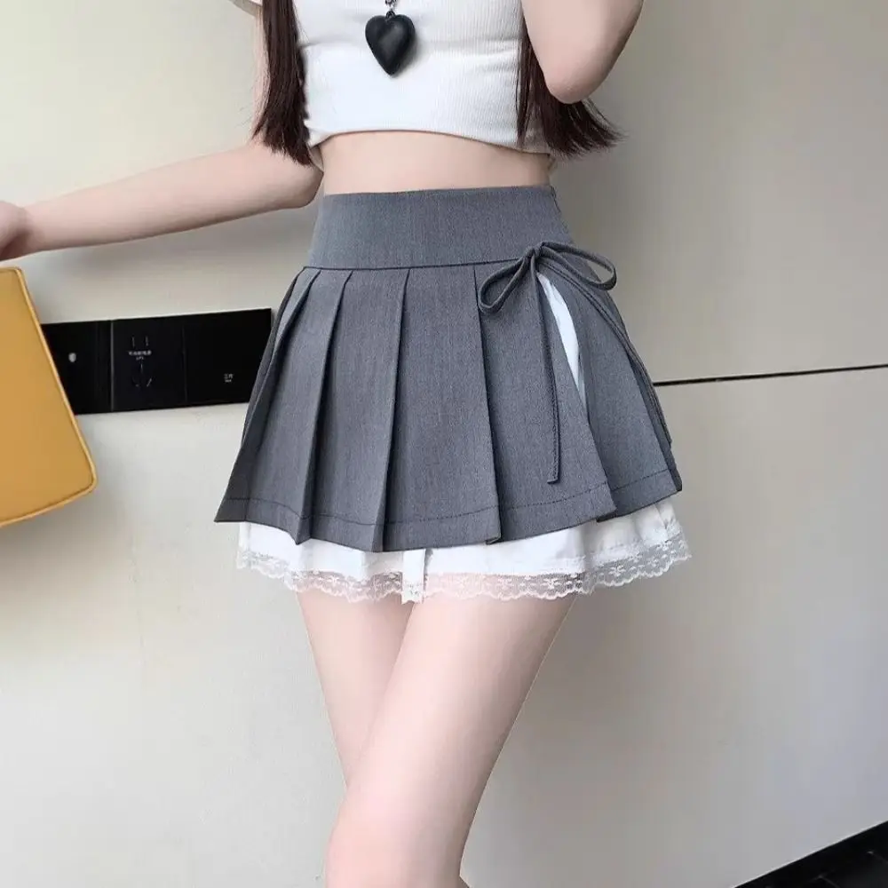 Lace Paneling Pleated A-Line Skirt Built-in Shorts Plaid Mesh Stitching Lace Trim Skirt Polyester Lining Side Slit