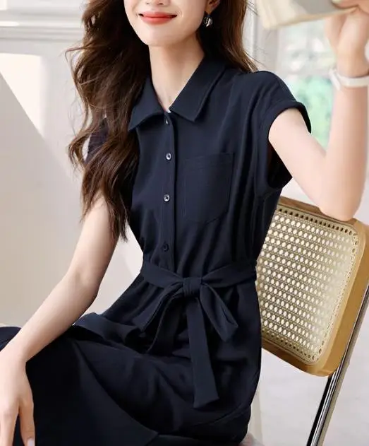 Vestido feminino de alta qualidade verão 2025, uma saia camisa casual elegante com temperamento emagrecedor