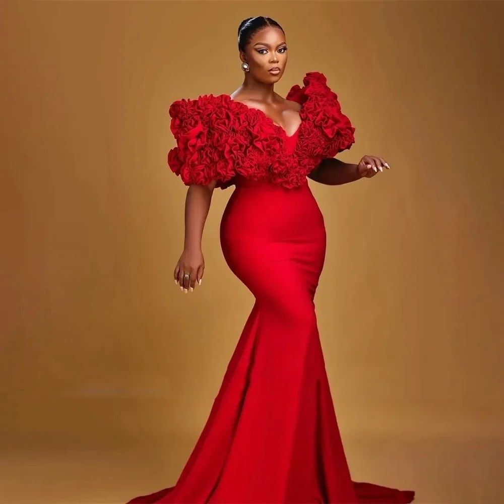 Abito da sera per feste con fiori 3D a sirena africana Aso Ebi di lusso Abito sexy per occasioni speciali con scollo a V e volant personalizzato