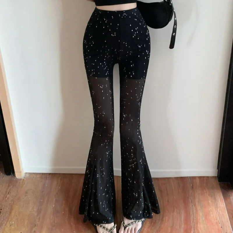 Koreanische hohe Taille Mesh Perspektive Freizeit hose Frauen Sommer schwarz Flare glänzendes Design schnell trocknende enge sexy gerade Hose