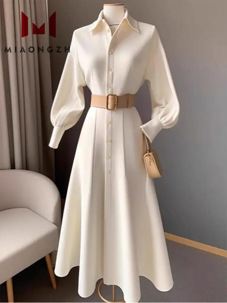 White Luxury Formal Dresses Women\'s Turn Down Collar Long Sleeve Single Breasted Slimming 2024 Summer New Party Shirt Dress Chic