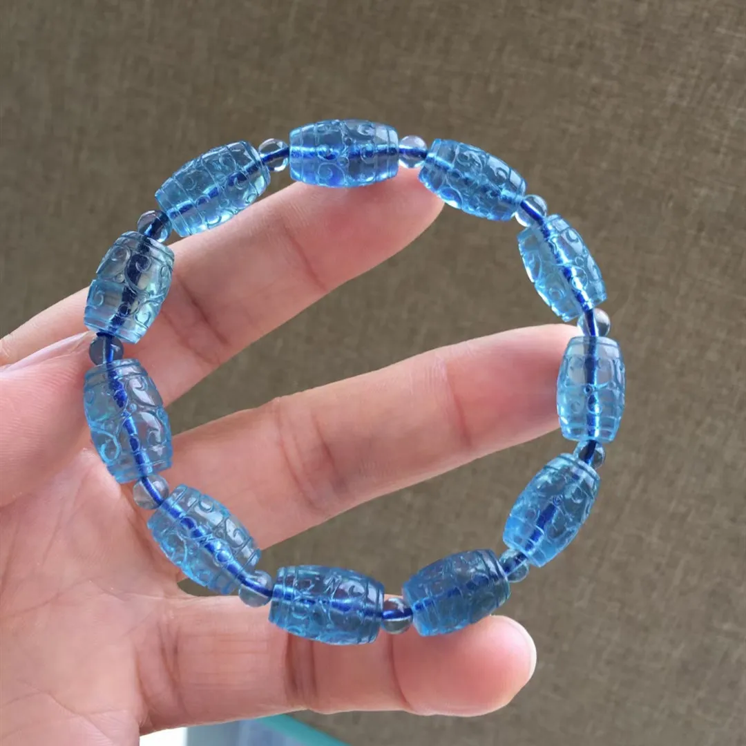 Natural Blue Aquamarine Round Beads Bracelet Pendant 14.5*10mm Women Men Brazil Stretch Blue Aquamarine Jewelry AAAAA