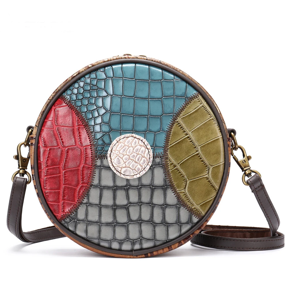 

Annmouler Designer Women Shoulder Bag Patchwork Crossbody Bag Genuine Leather Round Bag Small Size Lady Purses Fashion Tote Bag