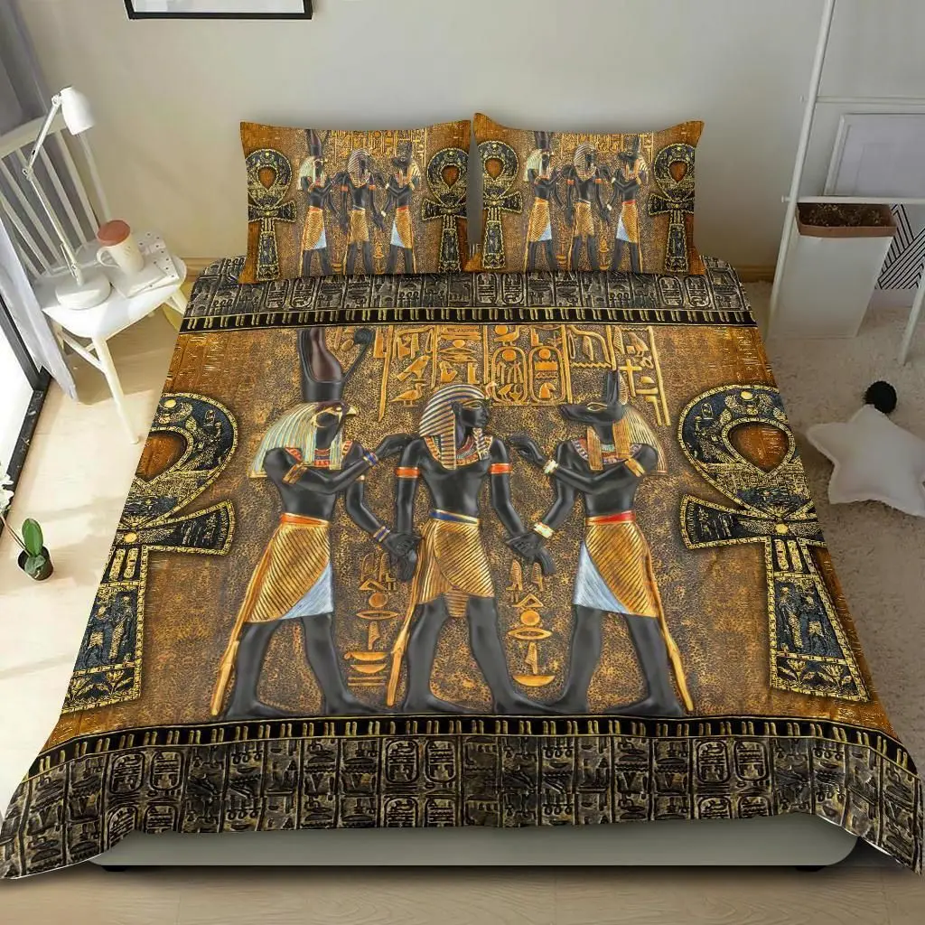Ancient Egypt Anubis Duvet Cover Set Egyptian Symbol Culture Bedding Sets Vintage Pharaoh Pyramid Boho Tribal Quilt Cover Queen