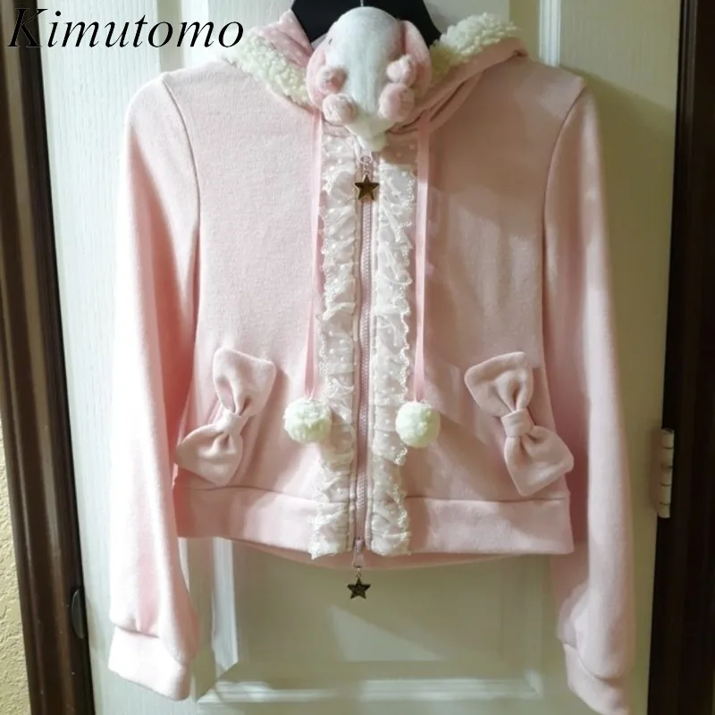 

Kimutomo Hoodies Women Sweet Patchwork Rabbit Ears Lace Patchwork Bow Slim Cropped Jackets Y2k Aesthetic Harajuku Sweatshirts