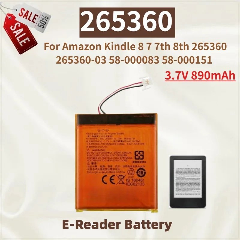 

Высококачественная батарея для электронной книги 3.7V 890mAh для Amazon Kindle 7-го и 8-го поколений 58-000083 265360 265360-03 58-000151, новая сменная батарея